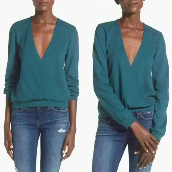 NWT Leith Long Sleeve Surplice Top Teal Deep Stretch Knit Faux Wrap Career XS - Picture 1 of 6